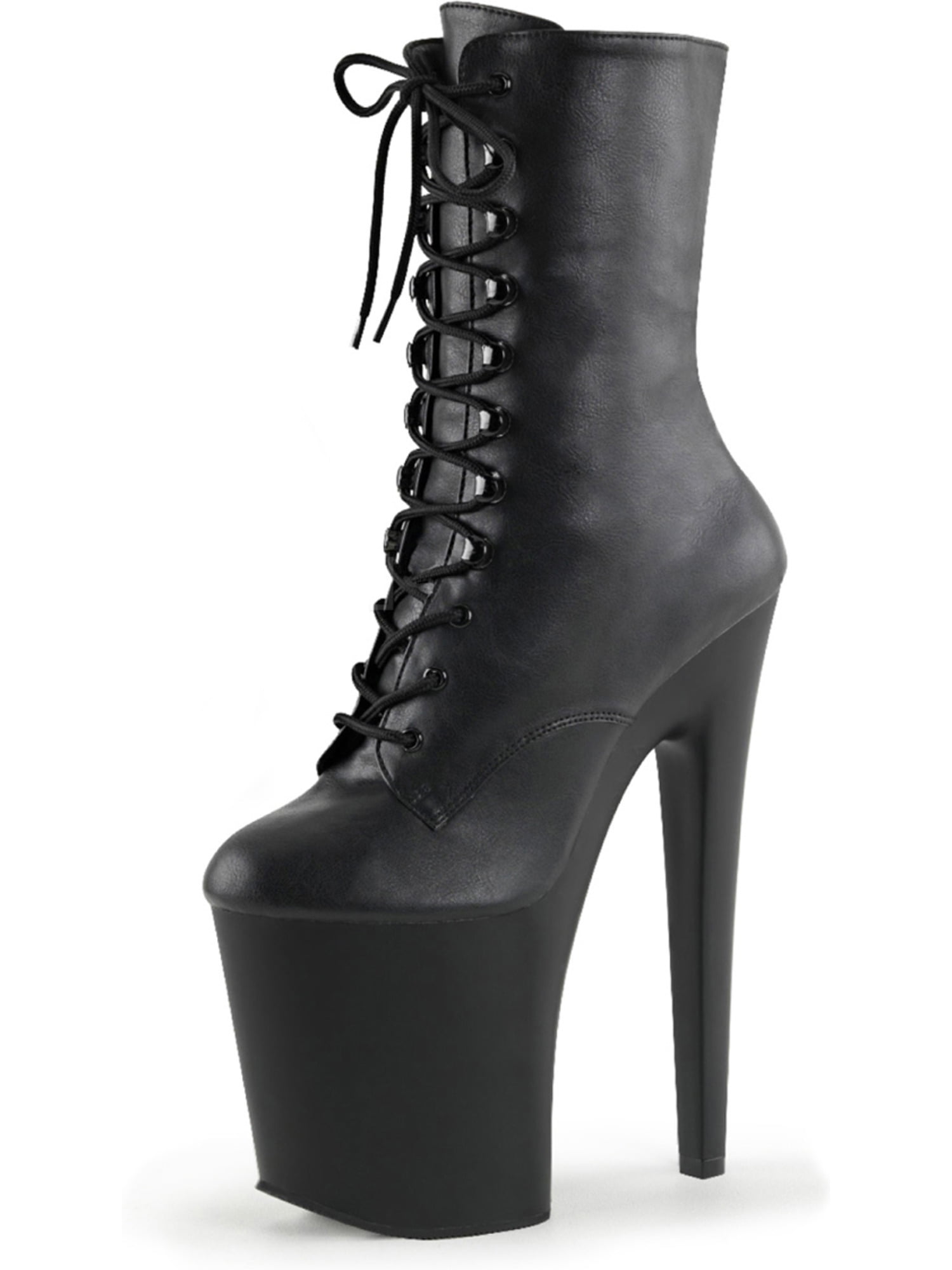 Womens Heeled Combat Boots Black Lace Up Mid Calf Boots Full Zipper 8 Inch Heel